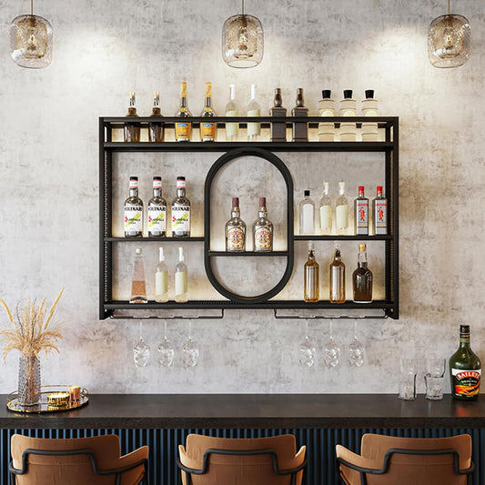 Wall Wine Rack Metal with LED Lighting & Modular Wine Bottle Holder | Modern Wine Storage for Home Bar, Kitchen, Hospitality | Robust Holder + Easy Assembly (incl. Plugs) (Black, 1.2 m) - QUORE