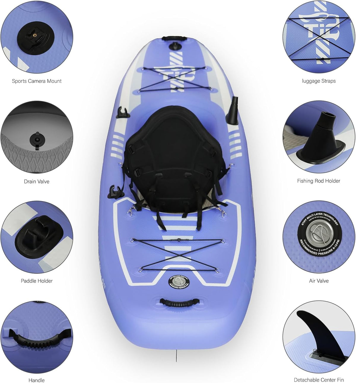 TIGERXBANG 10.2'x35"x8" Opblaasbare Kajak met Afneembare Zitting, SUP-Kajak Set Inclusief HandPomp/Aluminium Qar/Rugzak, Opblaasbare Boot voor Volwassenen/Kinderen | voor Vissen, Touring-Paars