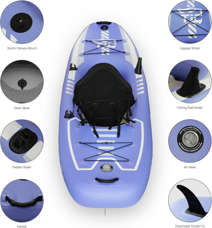 TIGERXBANG 10.2'x35"x8" Opblaasbare Kajak met Afneembare Zitting, SUP-Kajak Set Inclusief HandPomp/Aluminium Qar/Rugzak, Opblaasbare Boot voor Volwassenen/Kinderen | voor Vissen, Touring-Paars
