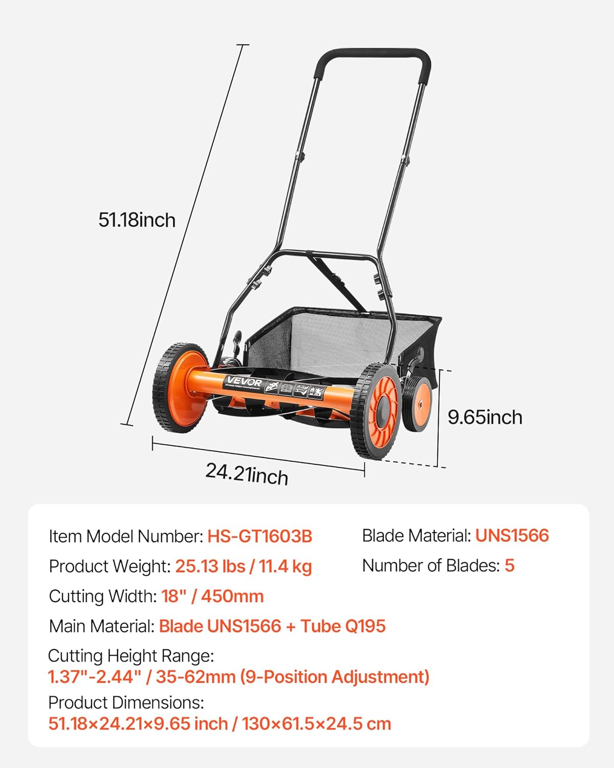 VEVOR Duwhaspel grasmaaier 45,7 cm, 5 messen handmatige duwmaaier zonder motor, 3,5-6,2 cm verstelbare maaihoogte, achterloopgrasmaaiers met grasopvangzak voor groene gazons, opritten, binnenplaatsen