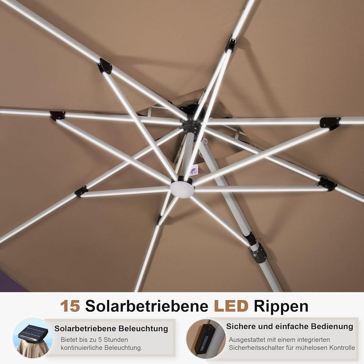 PURPLE LEAF Parasol met led-zonverlichting, zweefparasol, Ø 330 cm, marktscherm, groot, 360 graden rotatie, tuinscherm met zwengel, balkonscherm XXL, zonwering UV50+, beige