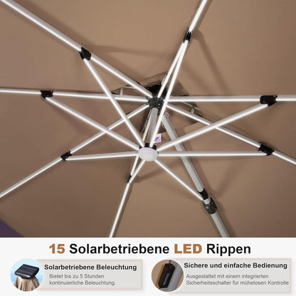 PURPLE LEAF Parasol met led-zonverlichting, zweefparasol, Ø 330 cm, marktscherm, groot, 360 graden rotatie, tuinscherm met zwengel, balkonscherm XXL, zonwering UV50+, beige