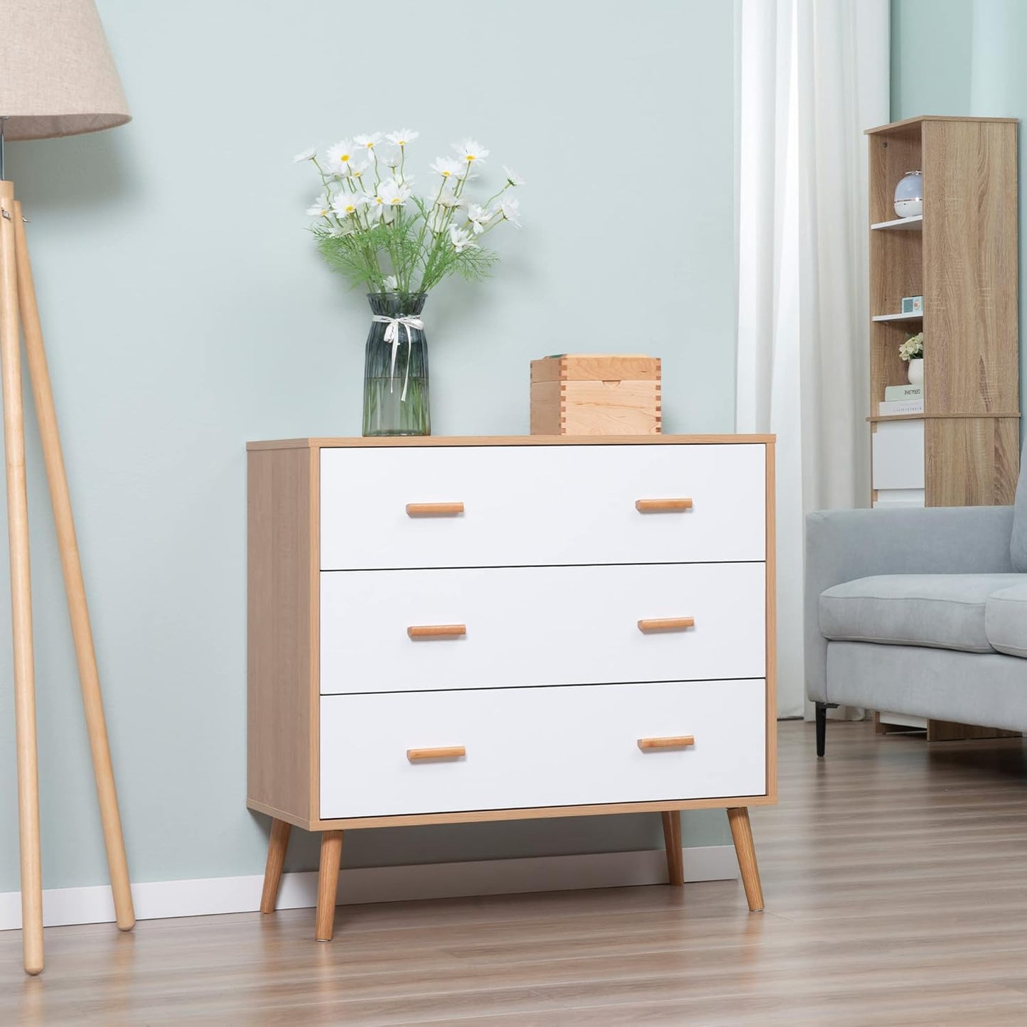 HOMCOM Chest of Drawers with 3 Drawers, Sideboard, Chest of Drawers, Cupboard, Multifunctional Cabinet, Living Room, Dining Room, Scandinavian Design, White and Natural, 80 x 39 x 80 cm - QUORE