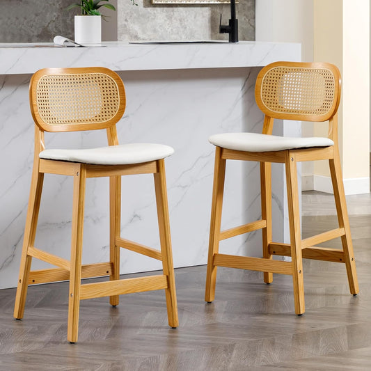 chairus Set of 2 Bar Stools PU Leather Breakfast Stools for Countertop with Rattan Backrest Solid Wood Island Bar Chairs (White-2) - QUORE