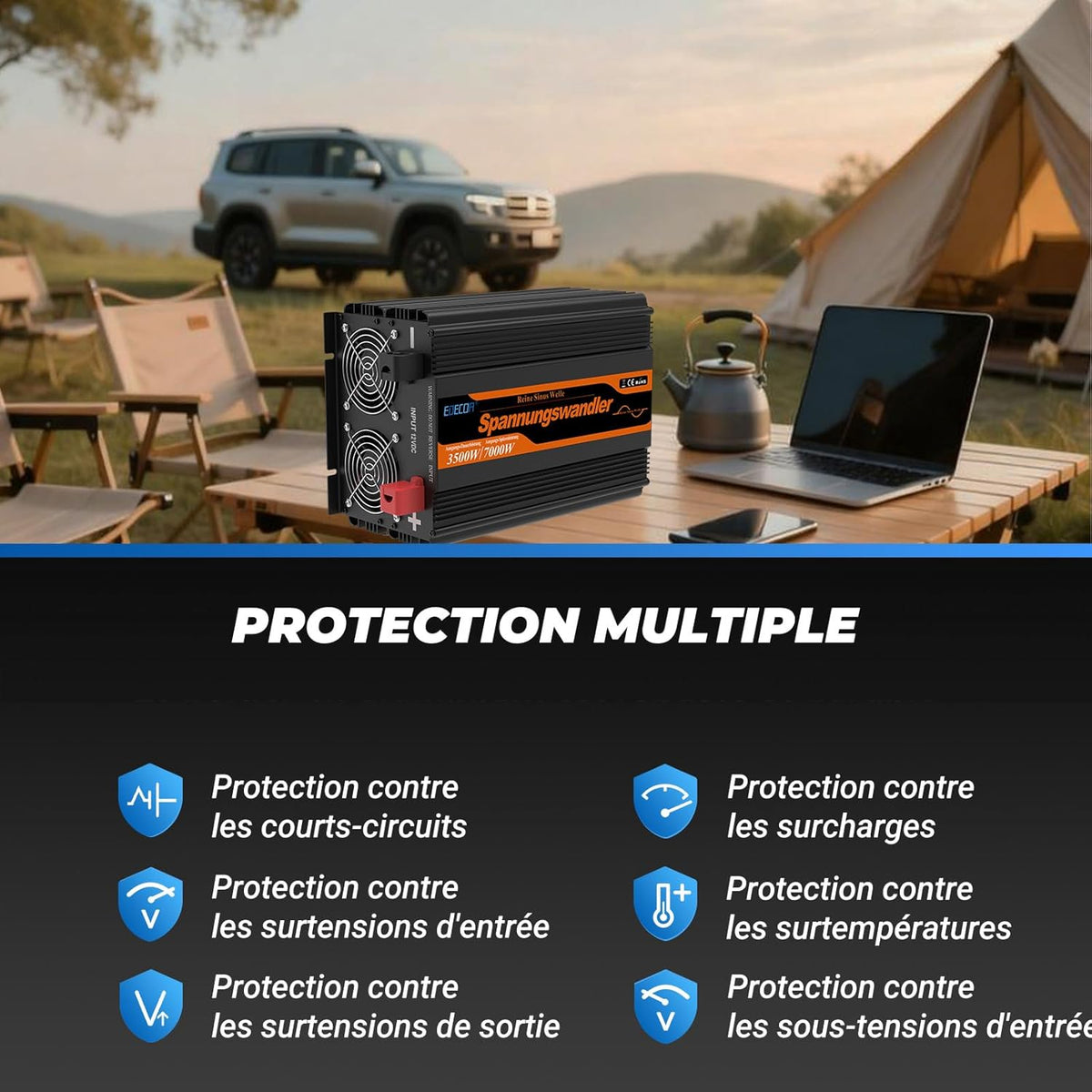 EDECOA 12 V 230 V omvormer, 3500 W/7000 W, 12 V naar 230 V, zuivere sinusgolf, omvormer met wifi-module, ondersteuning voor app-functies met 1 USB-poort en 1 PD-aansluiting