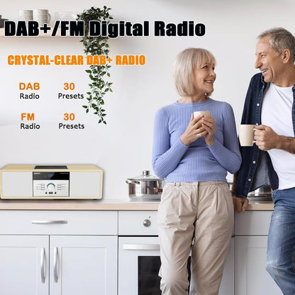 DAB-radio met CD-speler, vintage hifi-muzieksysteem van hout met Bluetooth, DAB+, FM-radio, AUX- en USB-ingang, afstandsbediening, compact radio en stereo-installatie