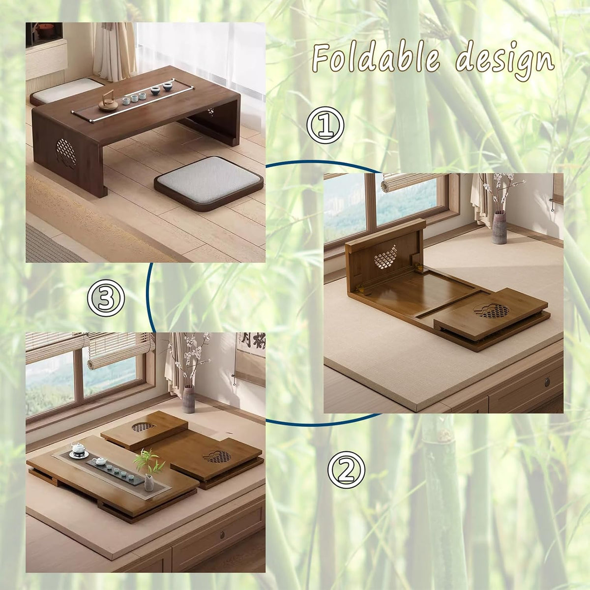 Bamboe Chinese Thee Vloertafel Japanse Opvouwbare Salontafel Altaartafel for Meditatie Lage Draagbare Opvouwbare Tatami Tafel for Woonkamer, Eetkamer, Woondecoratie (Walnoot, M)