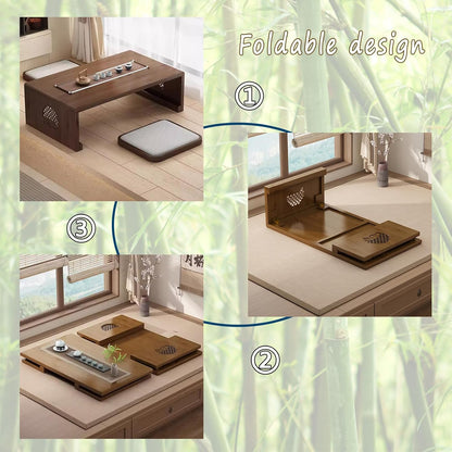 Bamboe Chinese Thee Vloertafel Japanse Opvouwbare Salontafel Altaartafel for Meditatie Lage Draagbare Opvouwbare Tatami Tafel for Woonkamer, Eetkamer, Woondecoratie (Walnoot, M)