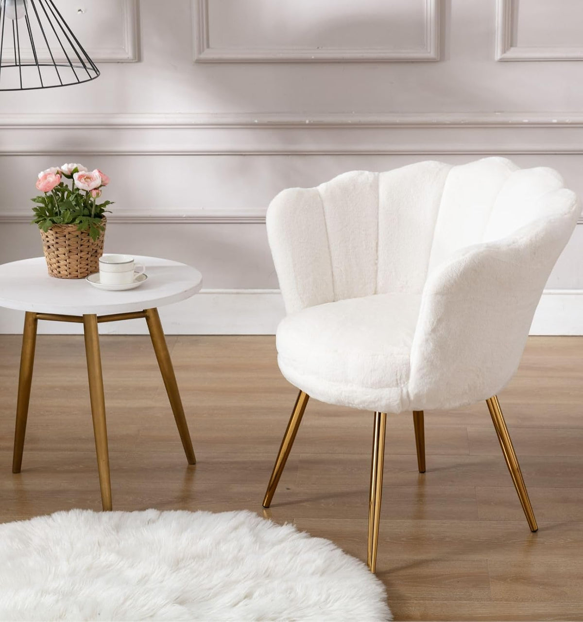 chairus Makeup Table Chair, Teddy Fabric Shell Chair, Armrest Chair, Gold Legs Lounge Chair, Armrest Chair for Living Room, White