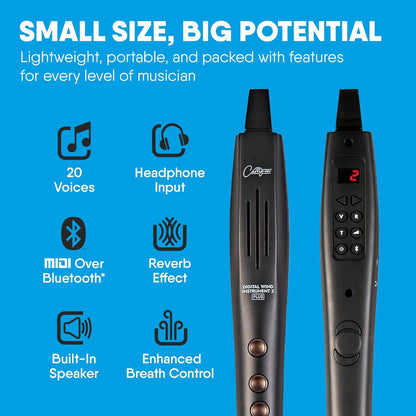 Carry-on Digitaal blaasinstrument 2 Plus- 20 stemmen, ingebouwde USB oplaadbare batterij, hoofdtelefoonuitgang voor stille oefening, Midi over Bluetooth digitale recorder, zwart