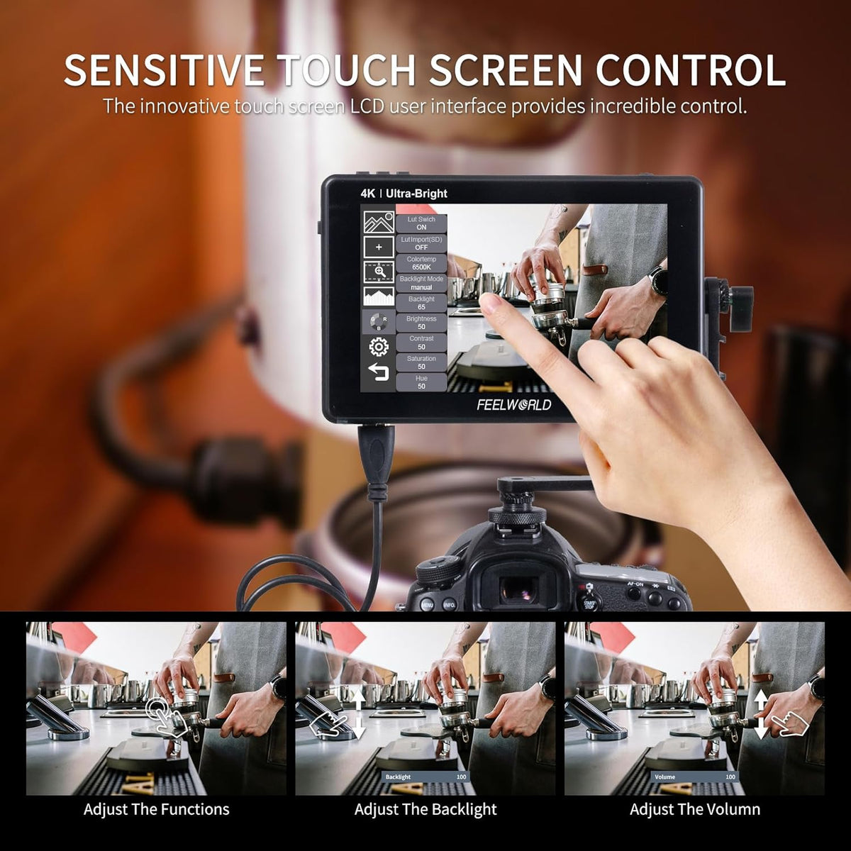 Feelworld LUT7 7 inch 2200nit Ultra Bright 3D Lut Touch Screen DSLR Camera Field Monitor 1920x1200 IPS 4K HDMI DC Output Light Sensor - QUORE