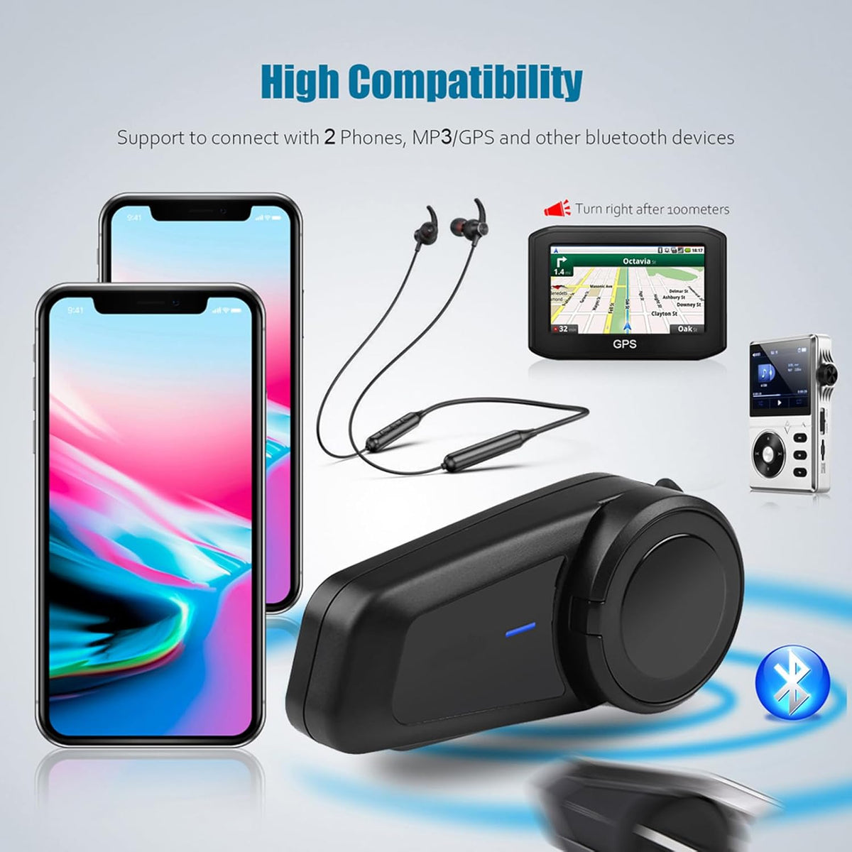 QSPORTPEAK Motorcommunicatiesysteem, M2 motorfiets bluetooth intercom met stereogeluid, motorfiets helm headset tot 6 bestuurders (1000 m bereik, waterdicht, FM-radio, voice prompt) (2 stuks)