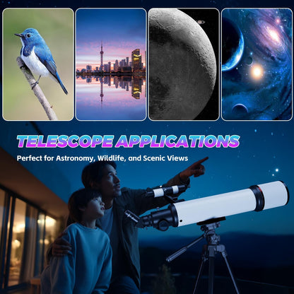 Astronomische telescoop voor volwassenen, opening 90 mm, refractieve telescopen van 600 mm, volledig meerlaagse draagbare astronomische refractortelescoop met statief