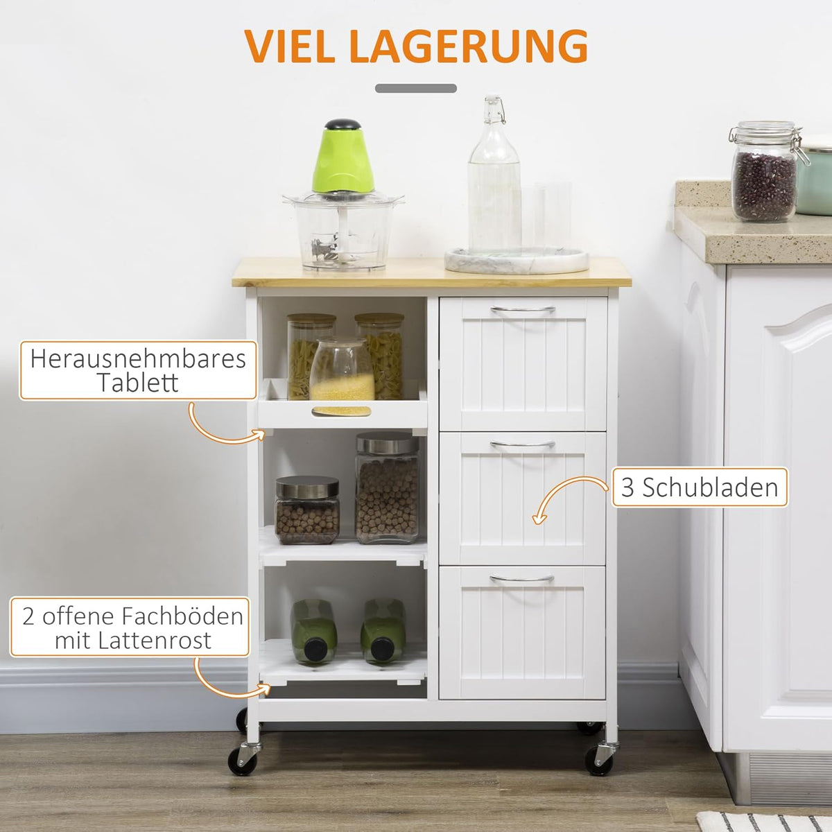HOMCOM Kitchen Trolley with 3 Drawers, Kitchen Trolley with 3 Levels, Storage Trolley with Worktop, for Kitchen, White, 67 x 37 x 85 cm - QUORE