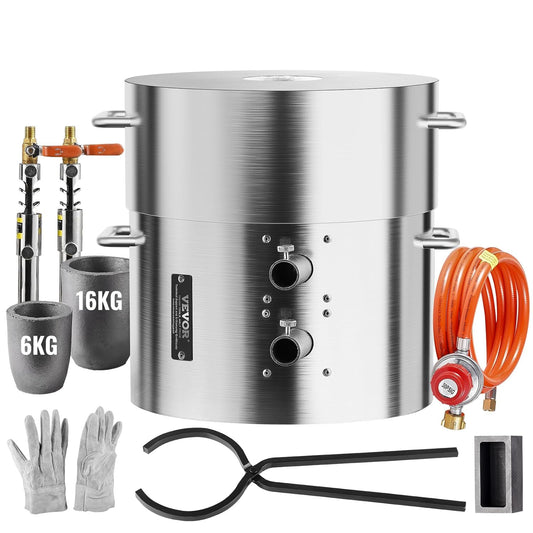 VEVOR Set van smeltoven met propaangas, inhoud 16 kg, maximale temperatuur 1370 °C, oven van roestvrij staal voor metaalsmeden en smeltoven, set met 2 propaanbranders