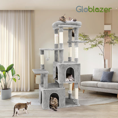 Kattenboom – Krabpaal – Kattentoren – Speelboom – Krabtoren – Lichtgrijs – Grote Basis 72x45 cm – 2 Luxe Kattenholen 45x40x35 cm