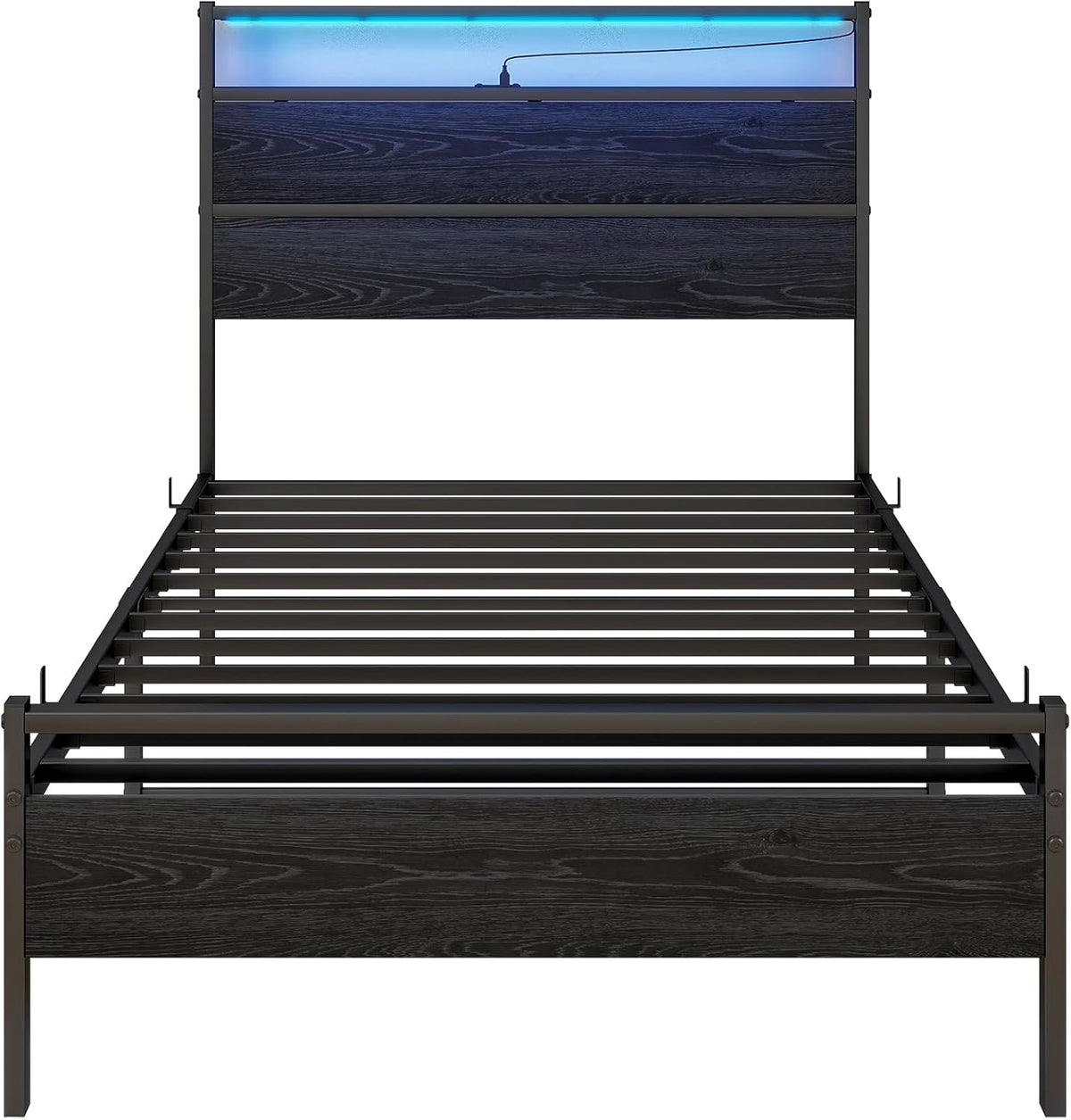 Bedframe van hout en metaal met laadstation en led, 90 x 200 cm, eenpersoonsbed met hoofdeinde en lattenbodem, functioneel