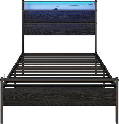 Bedframe van hout en metaal met laadstation en led, 90 x 200 cm, eenpersoonsbed met hoofdeinde en lattenbodem, functioneel