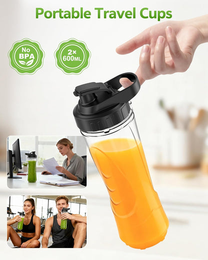 Mixer, draagbare mini-mixer, mixer met 500 W, smoothie maker met 2 Tritan-flessen à 600 ml, BPA-vrij, elektrische mixer met 4 messen van roestvrij staal, voor ijs