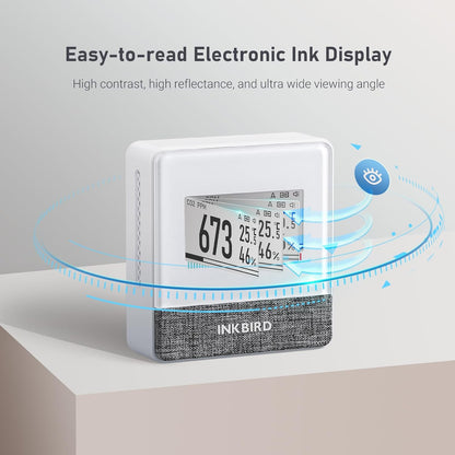 Inkbird Bluetooth CO2 Meter, IAM-T1 Luchtkwaliteitsmeter Thermometer Hygrometer Luchtdruk met Elektronisch Inktscherm, App Monitor, 18 Maanden Batterijduur, voor Thuis, Op Kantoor
