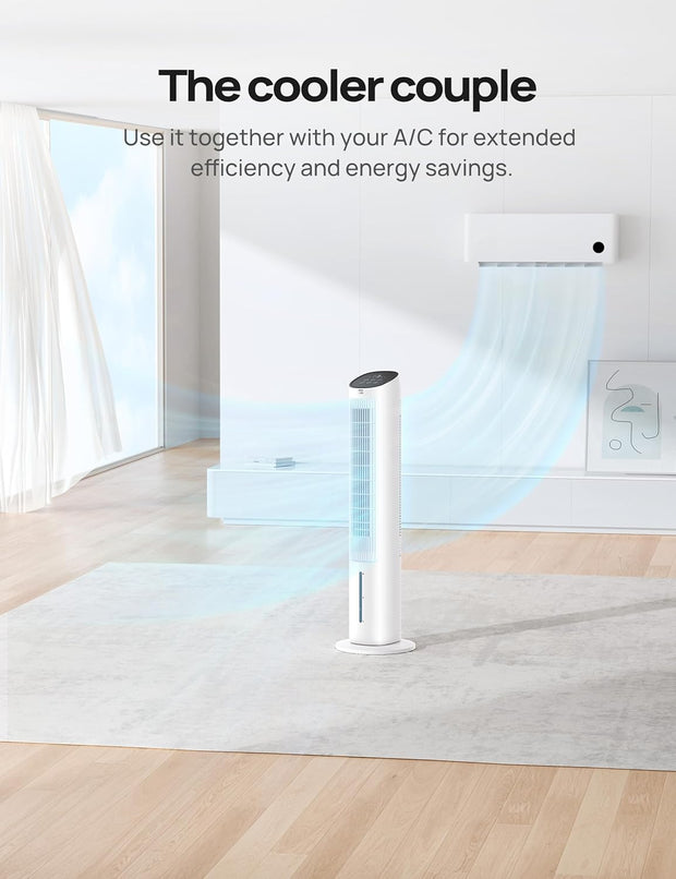 Luchtkoeler - Aircooler - Torenventilator - 40inch Ventilator - Verdampingskoeler - met Waterkoeling - Stil - 80° Draaifunctie - 3 modi - 4 Snelheden - Afstandsbediening - Wit