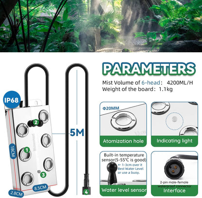 Mxmoonant Mistgenerator, 6 koppen, 4,2 l/u, ultrasone vernevelaar met boei en voeding, 250 W, voor tuinbouw, landschap, groenteconservering