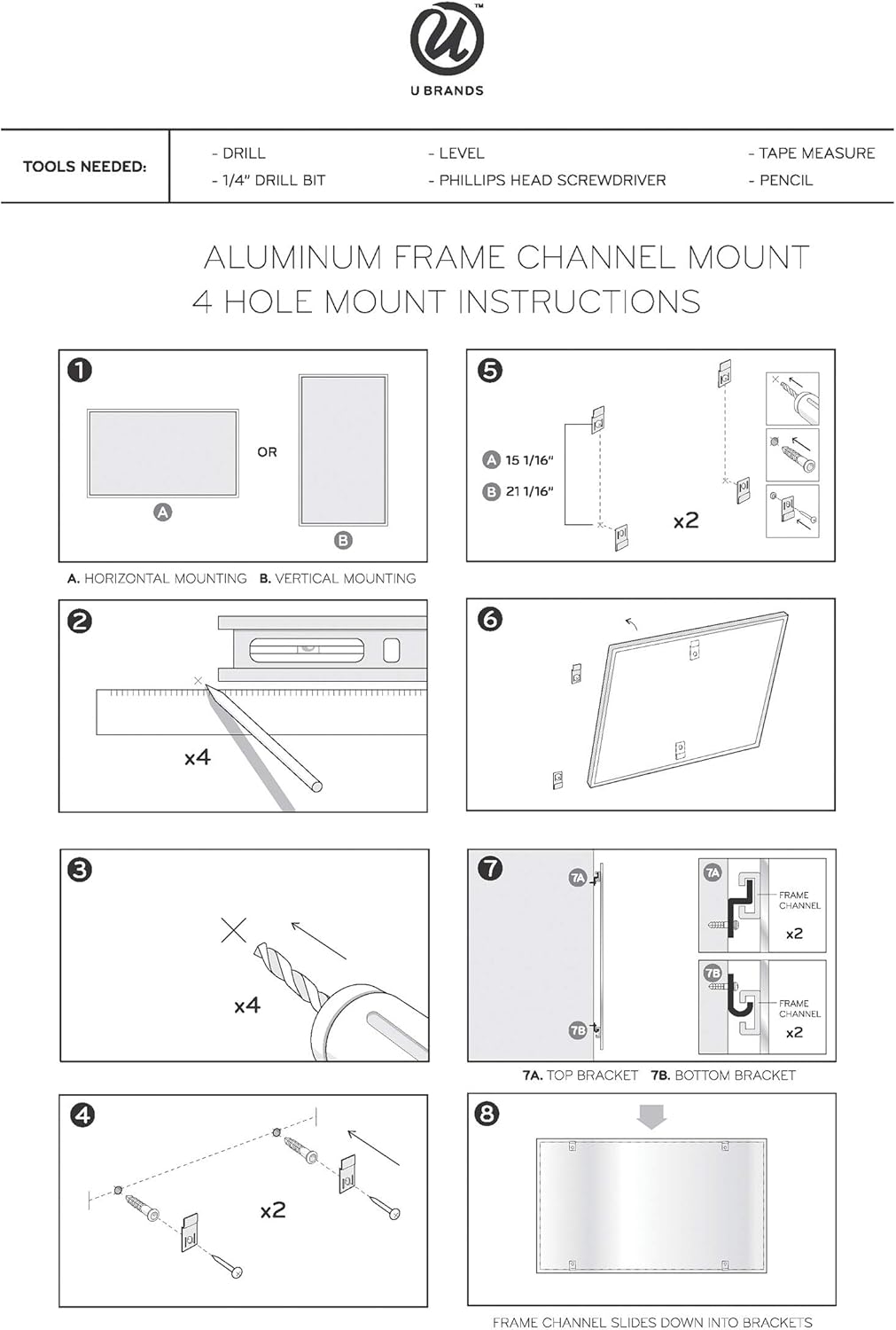 U Brands Melamine niet-magnetisch droogwisbord, 24 x 45 cm, zilveren aluminium frame