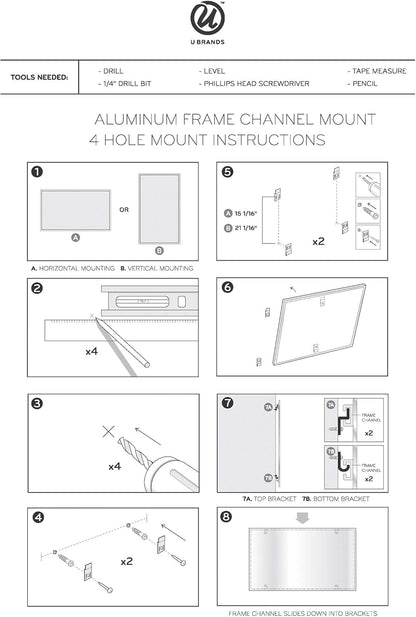 U Brands Melamine niet-magnetisch droogwisbord, 24 x 45 cm, zilveren aluminium frame