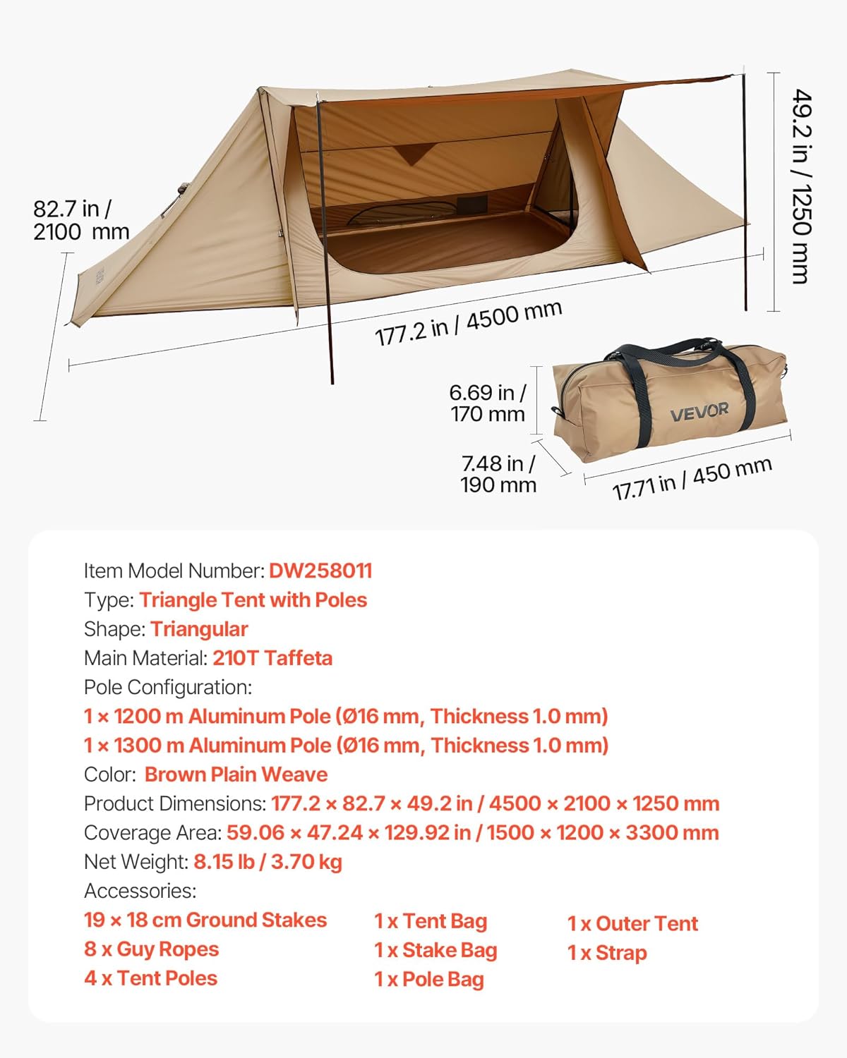 VEVOR Campingtent, lichte bushcraft-tent met kachelaansluiting en 2 zeilstangen, wintertenten, draagbare 4-seizoenentent voor 2 personen, voor wandelen, vissen, jagen en rugzakreizen