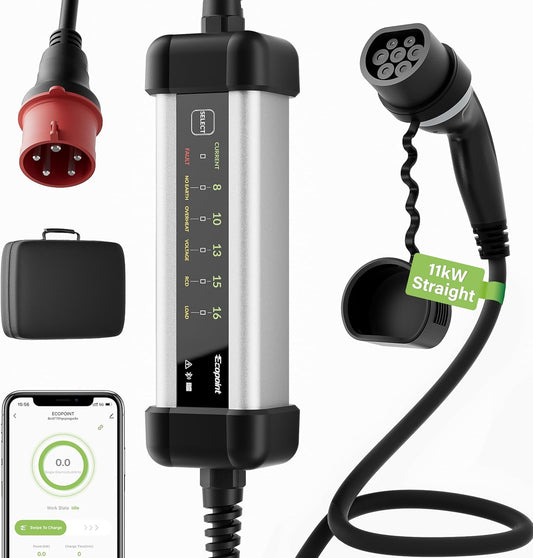 3-fasen EV oplader type 2, aluminium behuizing, mobiele Wallbox, 5 m oplaadkabel, app-bediening, 1 m CEE-stekker, IP66, geen installatie nodig, veiligheidsbescherming (11 kW, 16 A, rechte
