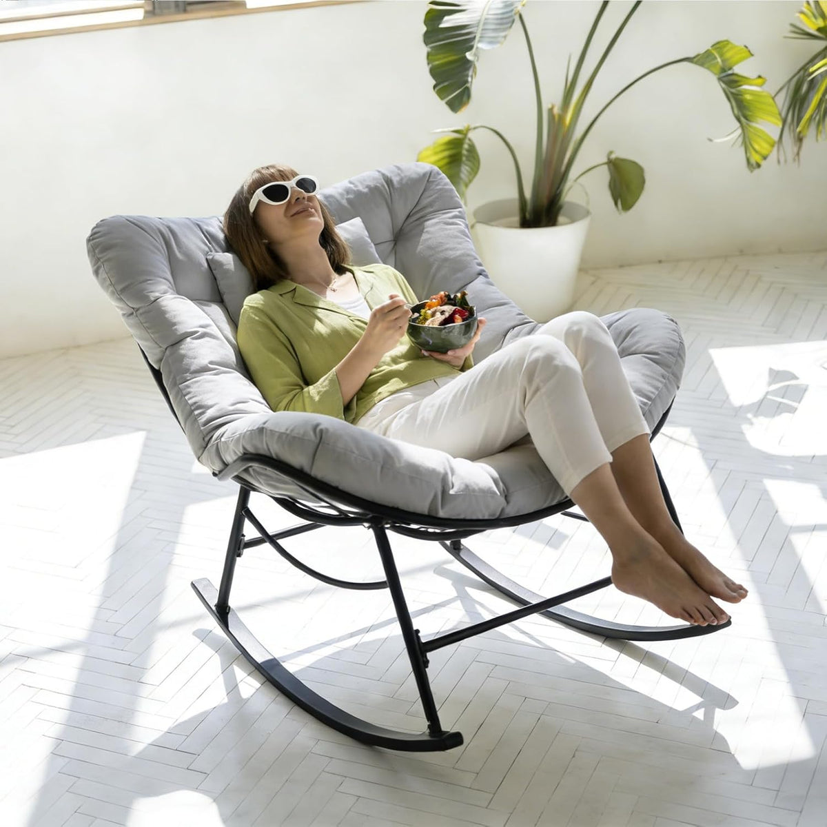 Schommelstoel – Schommelzetel – Relaxstoel – Wipstoel – Lounge Stoel – Extra Groot – Anti-Kantel Design – Waterafstotend Kunstleder – Grijs