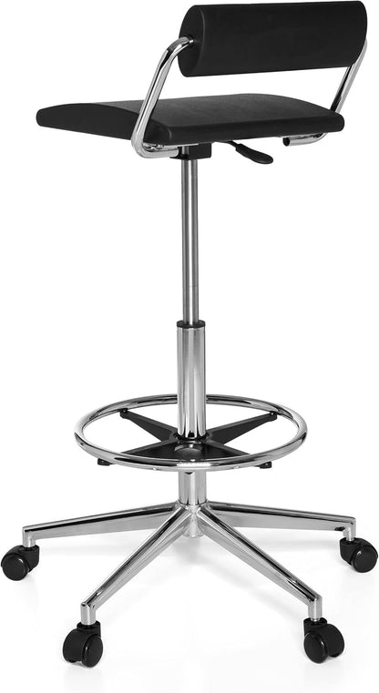 hjh OFFICE 665170 Counter Chair TOP Work 28 Schuim Zwart hoge Rise Task Stoel met rugleuning Massief Verchroomd Staal Base Ring voetsteun