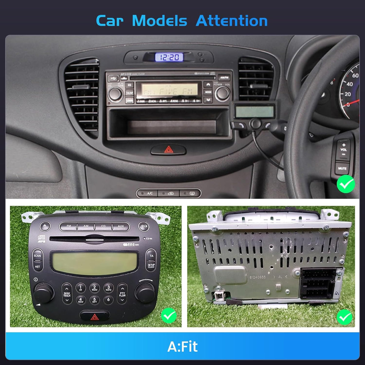 4+128G autoradio voor Hyundai i10 2007-2013, Android 15 met 9-inch In-Cell scherm, ondersteunt draadloze CarPlay en Android Auto, Mirror Link, FM/RDS-radio, GPS, wifi, Bluetooth en SWC.