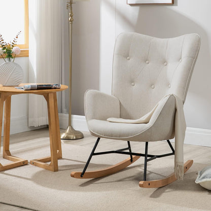 Schommelstoel – Relaxstoel – Fauteuil – Voedingsstoel – Schommelstoel Babykamer – Scandinavisch Design – Met Armleuningen – Met Metalen Frame en Houten Onderstel – Grijs – 66x84x97 cm
