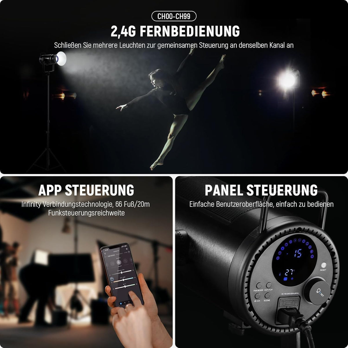 COB-led-videolamp 210 W – Studiolamp – Videolamp – Continuelicht – Fotolamp – Tweekleurig 2700K-6500K – 90.000 Lux/1 m, CRI/TLCI 97+