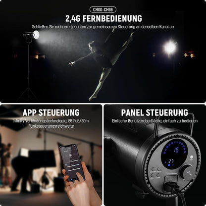 COB-led-videolamp 210 W – Studiolamp – Videolamp – Continuelicht – Fotolamp – Tweekleurig 2700K-6500K – 90.000 Lux/1 m, CRI/TLCI 97+