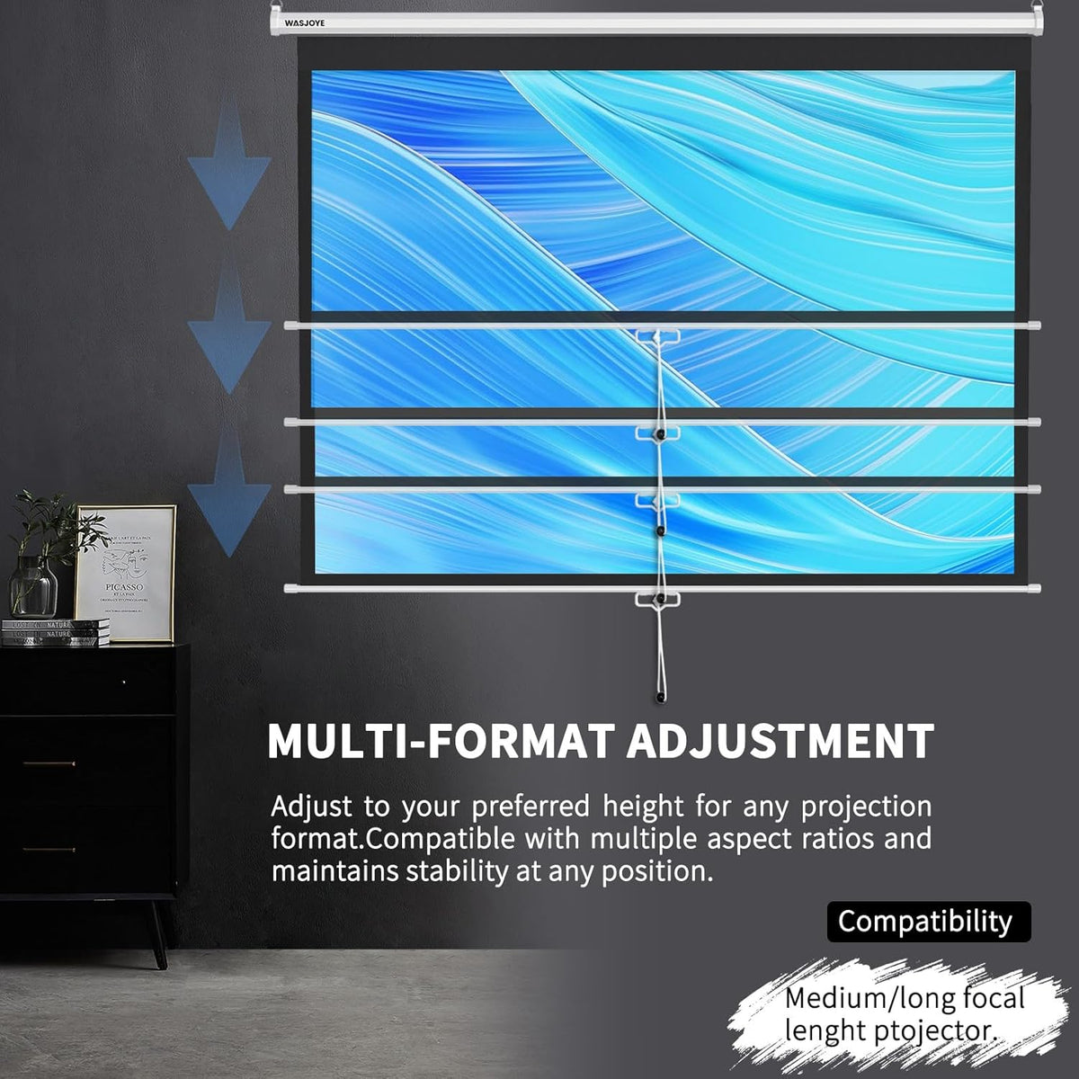 WASJOYE Handmatig projectiescherm met universeel 100 inch oprolbaar handmatig projectiescherm met automatische vergrendeling, instelbare schermhoogte, maskerrand