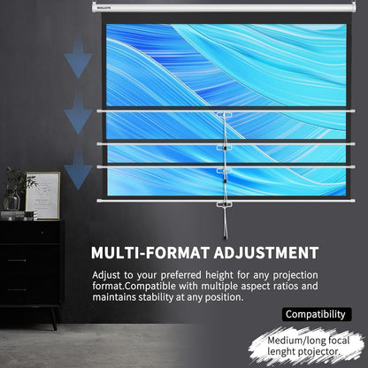 WASJOYE Handmatig projectiescherm met universeel 100 inch oprolbaar handmatig projectiescherm met automatische vergrendeling, instelbare schermhoogte, maskerrand