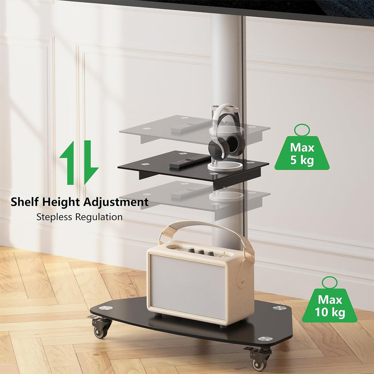 Proton 300 Mobiele tv-standaard met plank, stopcontacten, USB-poorten, hoogte 191 cm, portretformaat 32-75 inch, 40 kg, aluminium zwart