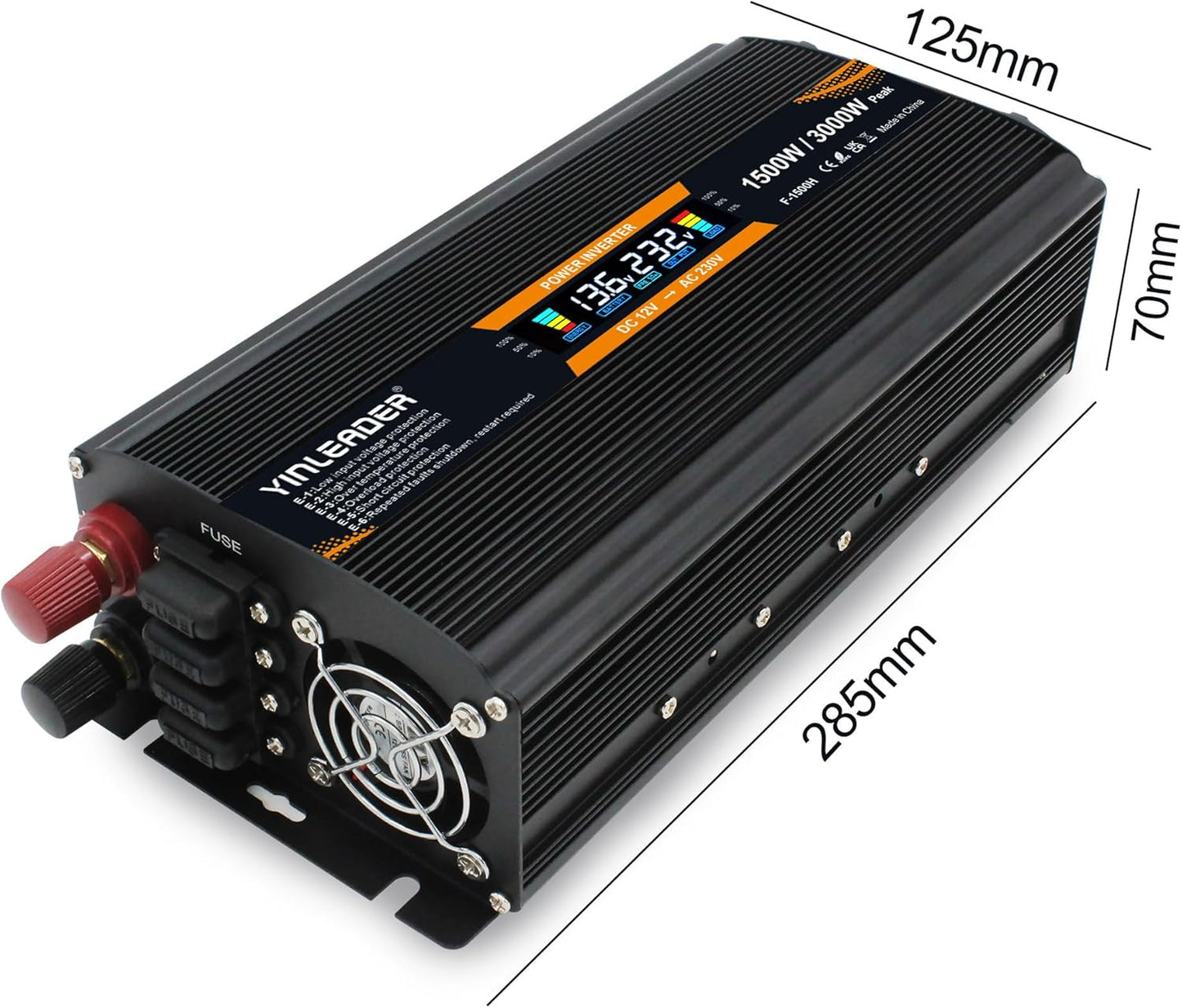 Yinleader Spanningstransformator 12 V naar 220 V, 1500 W / 3000 W, wisselrichter voor auto met gemodificeerde sinusgolf, met display, dual EU-stekker, USB