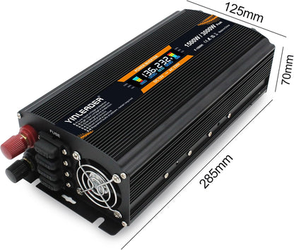 Yinleader Spanningstransformator 12 V naar 220 V, 1500 W / 3000 W, wisselrichter voor auto met gemodificeerde sinusgolf, met display, dual EU-stekker, USB