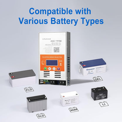 60A MPPT Solar Charging Controller (WiFi) met LCD-display, ondersteunt app-bediening, max. 2800 W PV-vermogen, MPPT-laadregelaar voor 12V, 24V en 48V batterijen