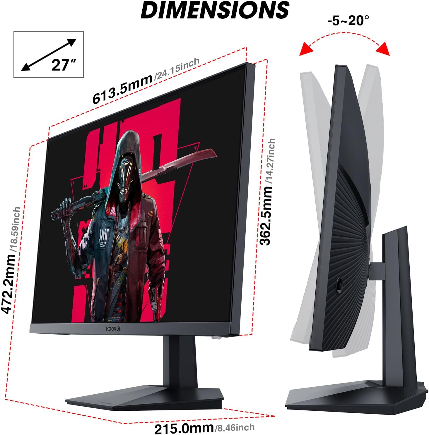 KOORUI 27 inch Gaming Monitor, PC Screen 240Hz, FHD, 1ms, Adaptive Sync (1920 x 1080p, DCI-P3 90%, SRGB 100%, HDMI, DisplayPort, VESA 75x75) - QUORE