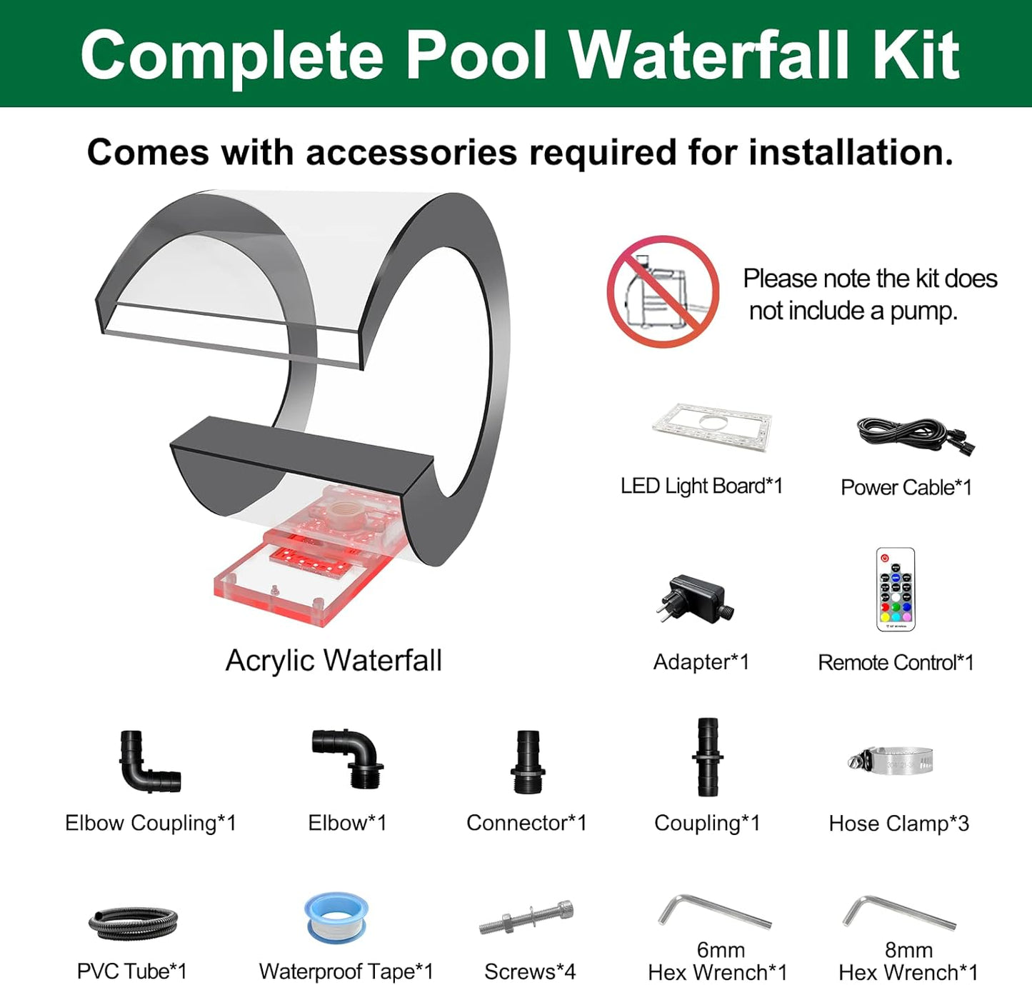 LONGRUN Pond Waterval Fountain, J-vormige acrylvijver waterval Voute mes met 7 kleuren LED, complete zwembadfontein waterspraykit voor bovengronds zwembad-23,5x36x35cm