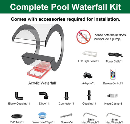 LONGRUN Pond Waterval Fountain, J-vormige acrylvijver waterval Voute mes met 7 kleuren LED, complete zwembadfontein waterspraykit voor bovengronds zwembad-23,5x36x35cm