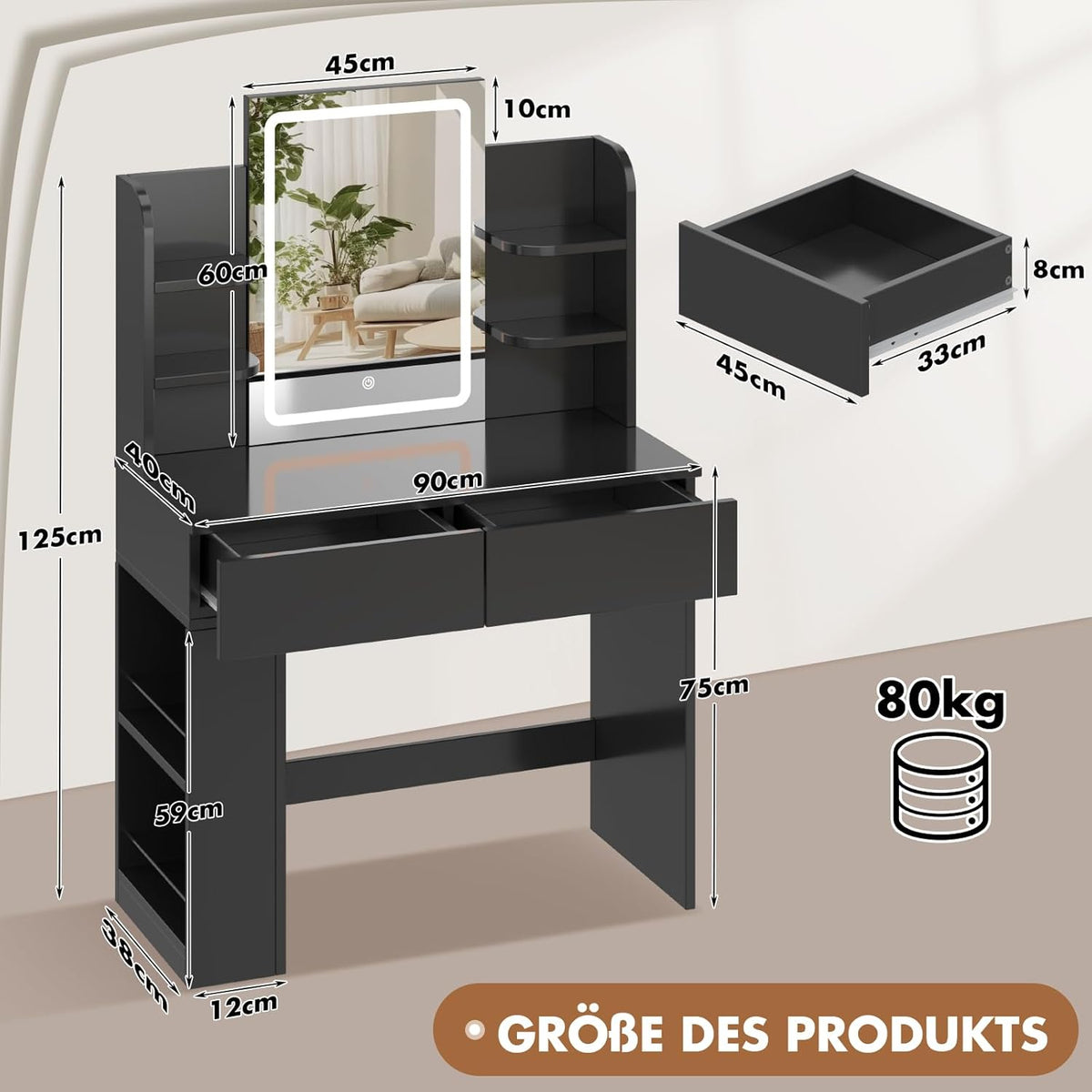 Devoko Dressing Table with Mirror and Lighting,Adjustable Brightness,Makeup Table with 2 Drawers, 4 Shelves, Modern Makeup Desk for Bedroom and Dressing Room (Black, 90 X 40 Centimeters) - QUORE