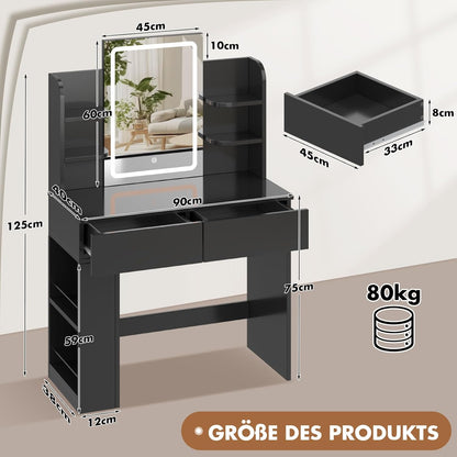 Devoko Dressing Table with Mirror and Lighting,Adjustable Brightness,Makeup Table with 2 Drawers, 4 Shelves, Modern Makeup Desk for Bedroom and Dressing Room (Black, 90 X 40 Centimeters) - QUORE