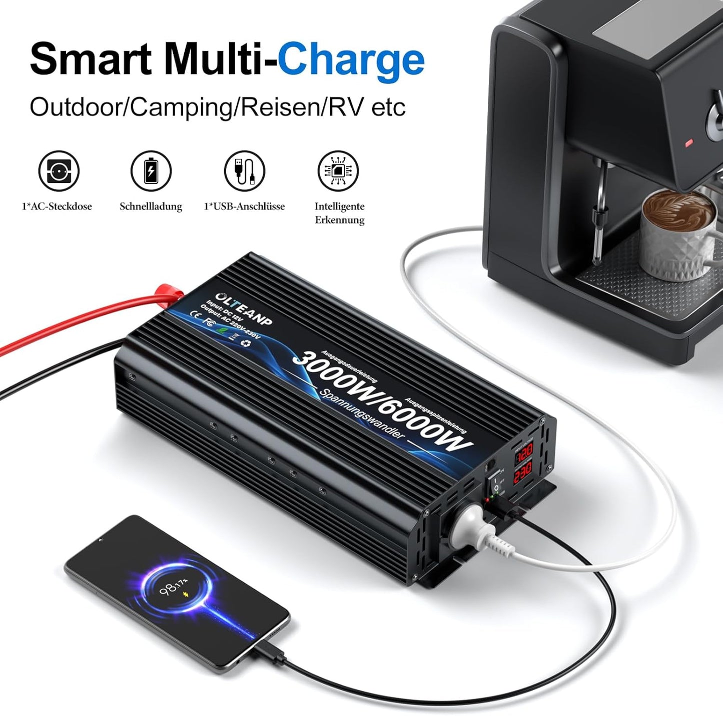 Spanningsomvormer 12v 230v 3000W -Gemodificeerde sinusomvormer 12v naar 230v spanningsomvormer met LCD-scherm, afstandsbediening & USB-aansluitingen EU-aansluiting voor caravans, camping