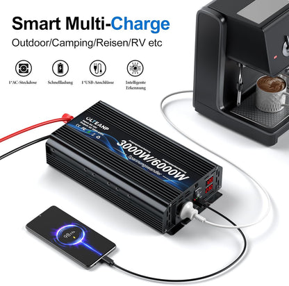 Spanningsomvormer 12v 230v 3000W -Gemodificeerde sinusomvormer 12v naar 230v spanningsomvormer met LCD-scherm, afstandsbediening & USB-aansluitingen EU-aansluiting voor caravans, camping
