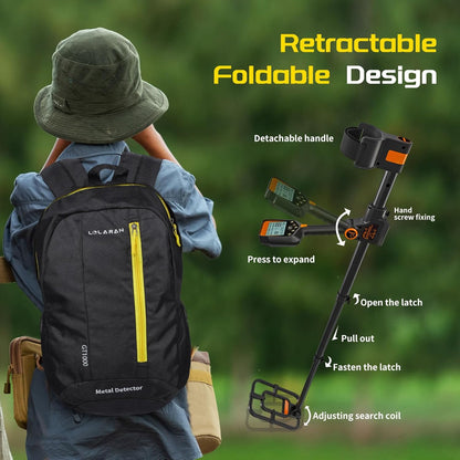 Metaaldetector voor volwassenen, oplaadbare accu, opvouwbaar, waterdichte zoekspoel, inclusief schep, rugzak, hoofdtelefoon, professioneel design met blauw verlicht lcd-scherm, oranje